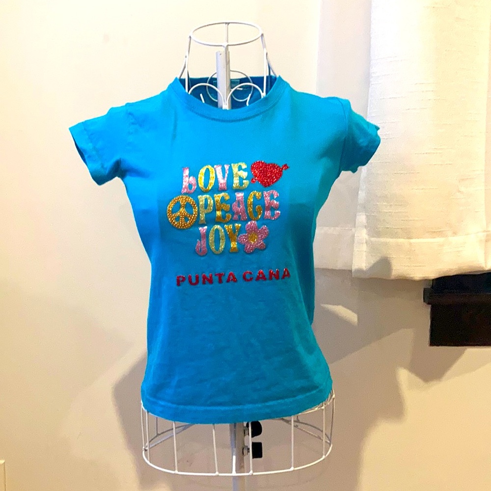 Blue Short Sleeve Tee “Love Peace Joy Punta Cana”